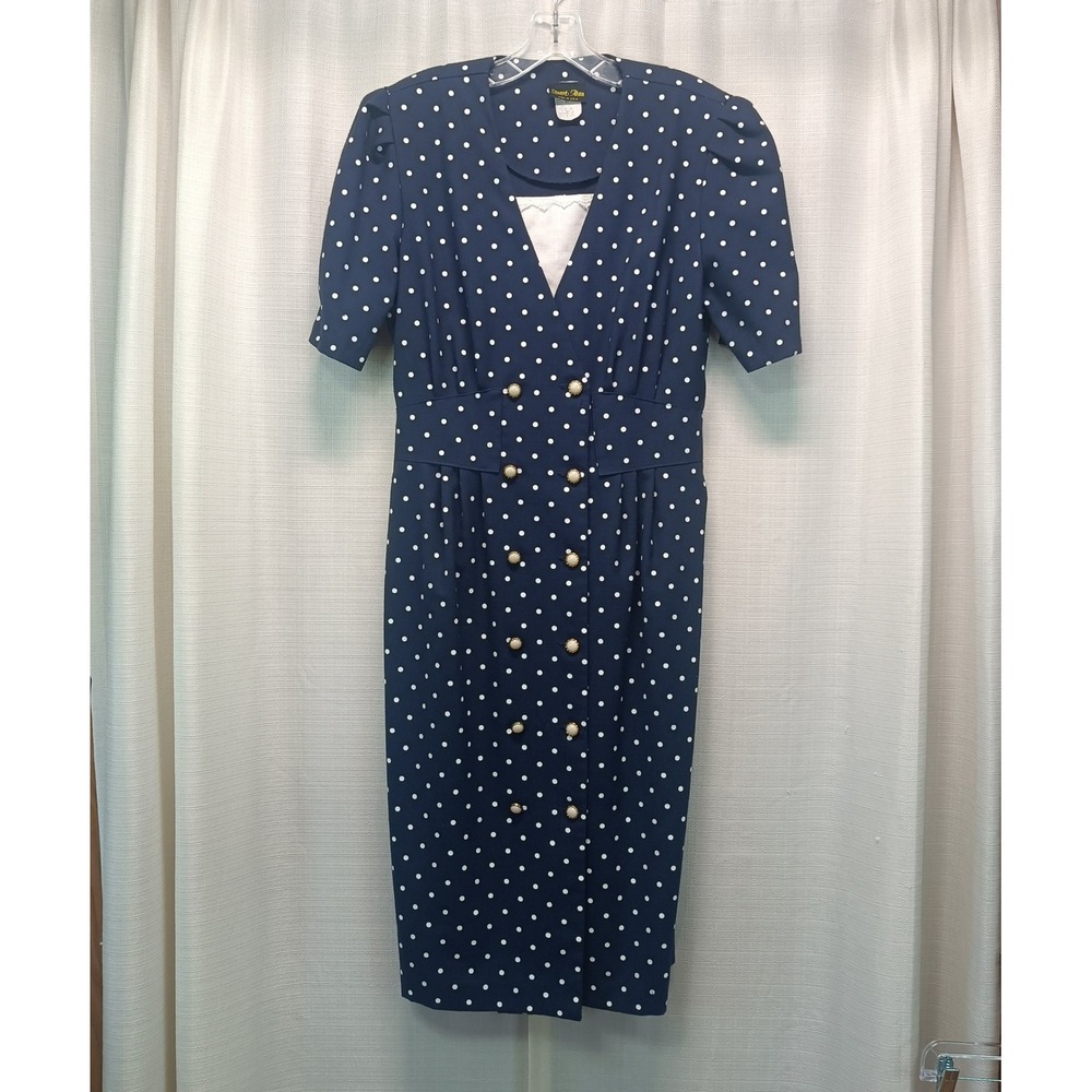 Stuart Alan Vintage Polka Dot Dress Navy Blue White Button Front Midi Size 16